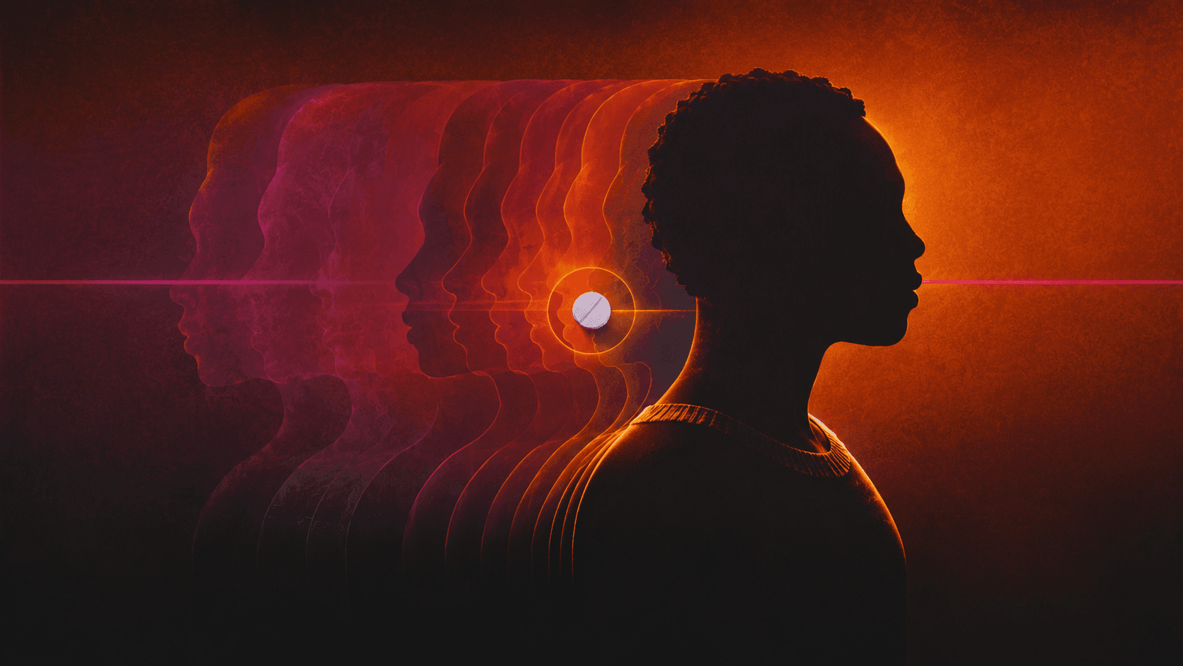 A silhouetted person in profile with overlapping translucent profiles receding towards a white tablet