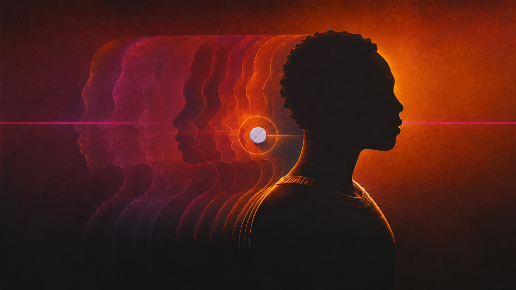 A silhouetted person in profile with overlapping translucent profiles receding towards a white tablet