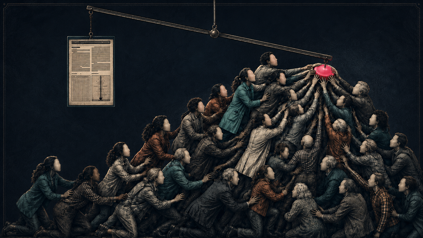 A dimly lit balance weighs a clinical report against a glowing pink tablet dragged down by a blank-faced crowd