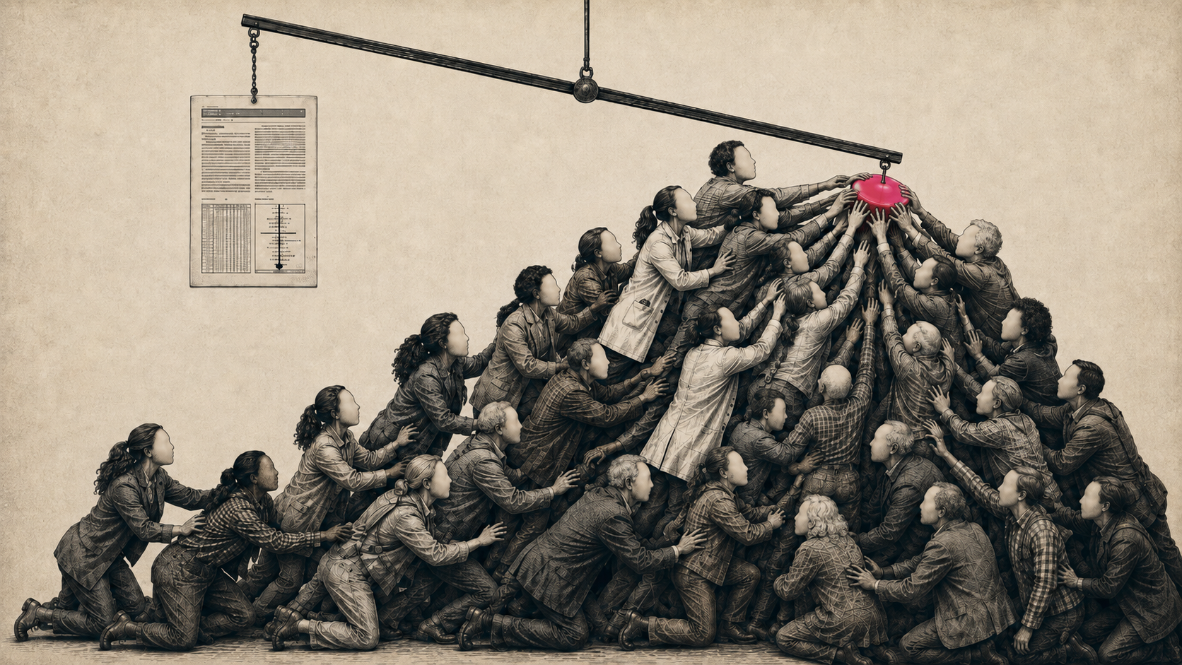 A dimly lit balance weighs a clinical report against a glowing pink tablet dragged down by a blank-faced crowd